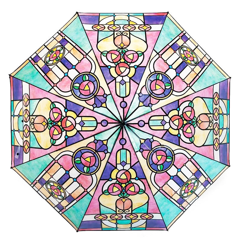 Damen Faltbarer Regenschirm mit kunstvollem Glasfenster-Motiv Brehn