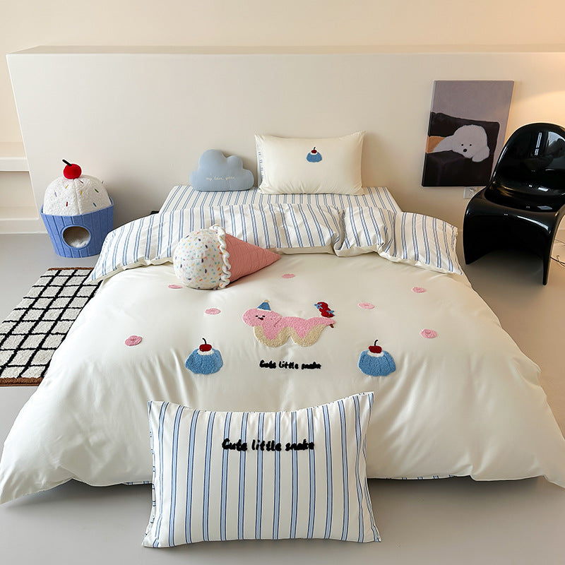 Bestickte Baumwollsatin Bettbezug Set mit Applikation Hasen und Punkte Kissenbezüge