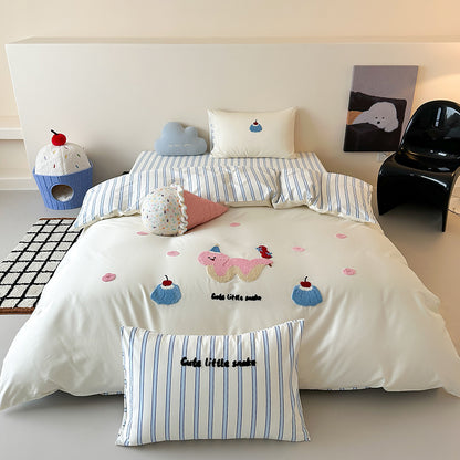Bestickte Baumwollsatin Bettbezug Set mit Applikation Hasen und Punkte Kissenbezüge