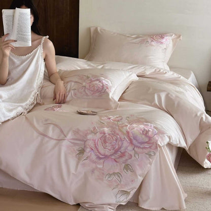 Luxuriöser Seidenglatte Floral Bestickter Bettbezug & Kissenbezug Set