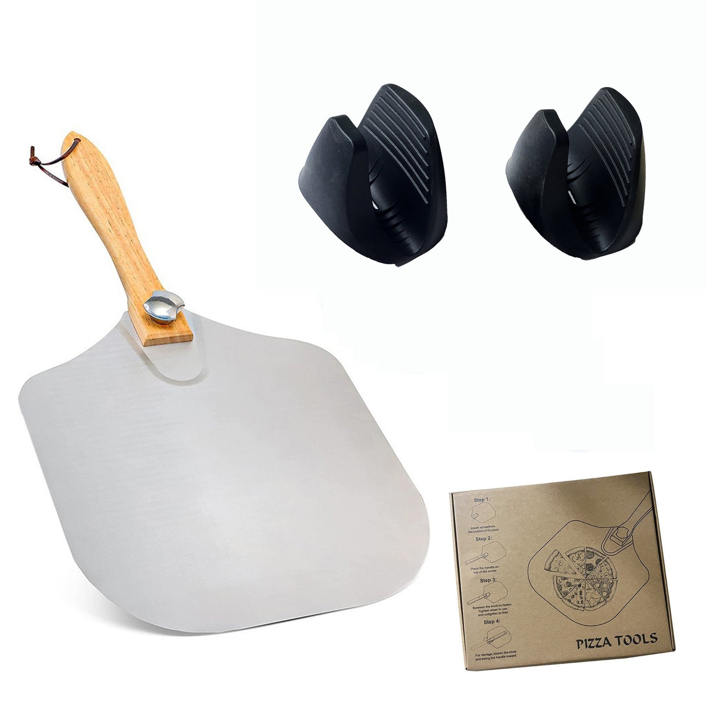 professionelles Pizzaschieber-Set mit klappbarem Edelstahlschaufel ergonomischem Holzgriff Pizzaschneider Rocker und Teigschaber Brehn