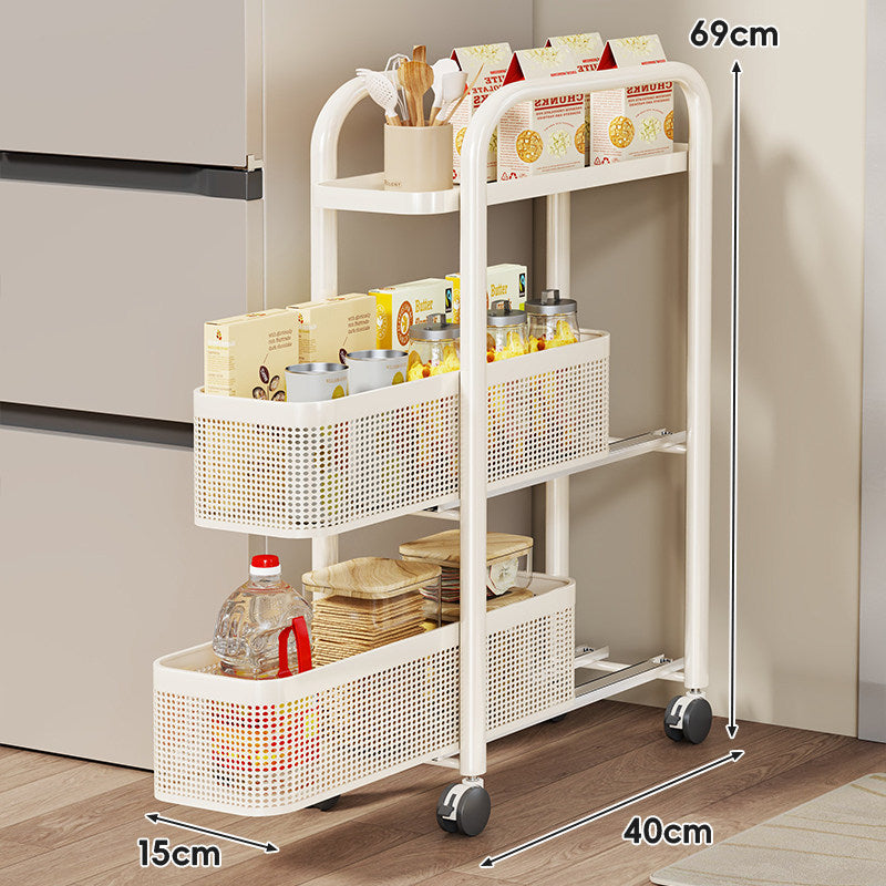 Slim Sliding Vorratswagen mit gelochten ausziehbaren Netzkorb und feststellbaren Rollen