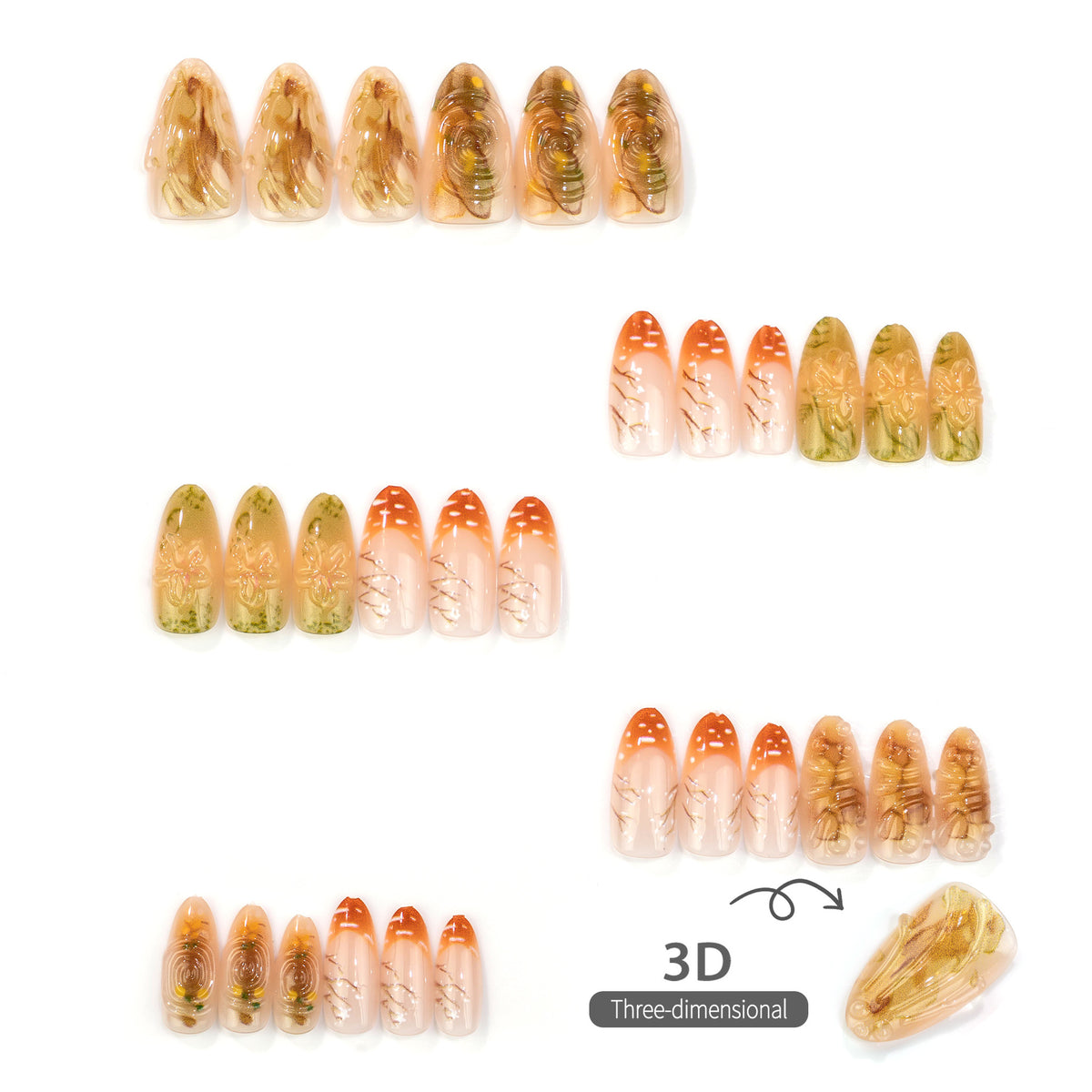 Künstlerisches Press-On-Nail-Set mit floralem und metallischem Design
