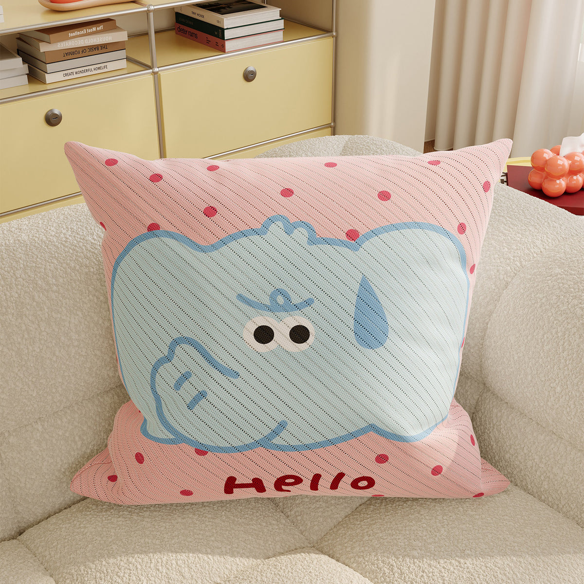 Decorative Throw Pillow with Playful Cloud Elephant Illustration and Textured Knit Cover