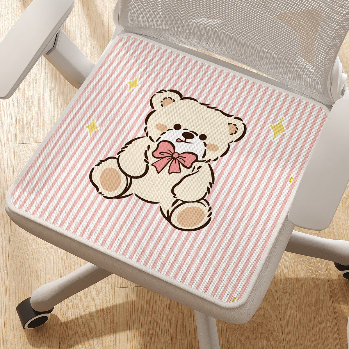 Plush Ergonomic Chair Seat Cushion Pad with Non-Slip Backing and Cute Teddy Illustration
