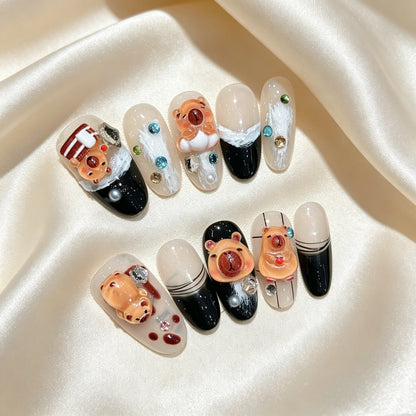 Dekorativer Press-On-Nagelsatz mit 3D-Tier- und Edelsteinakzenten