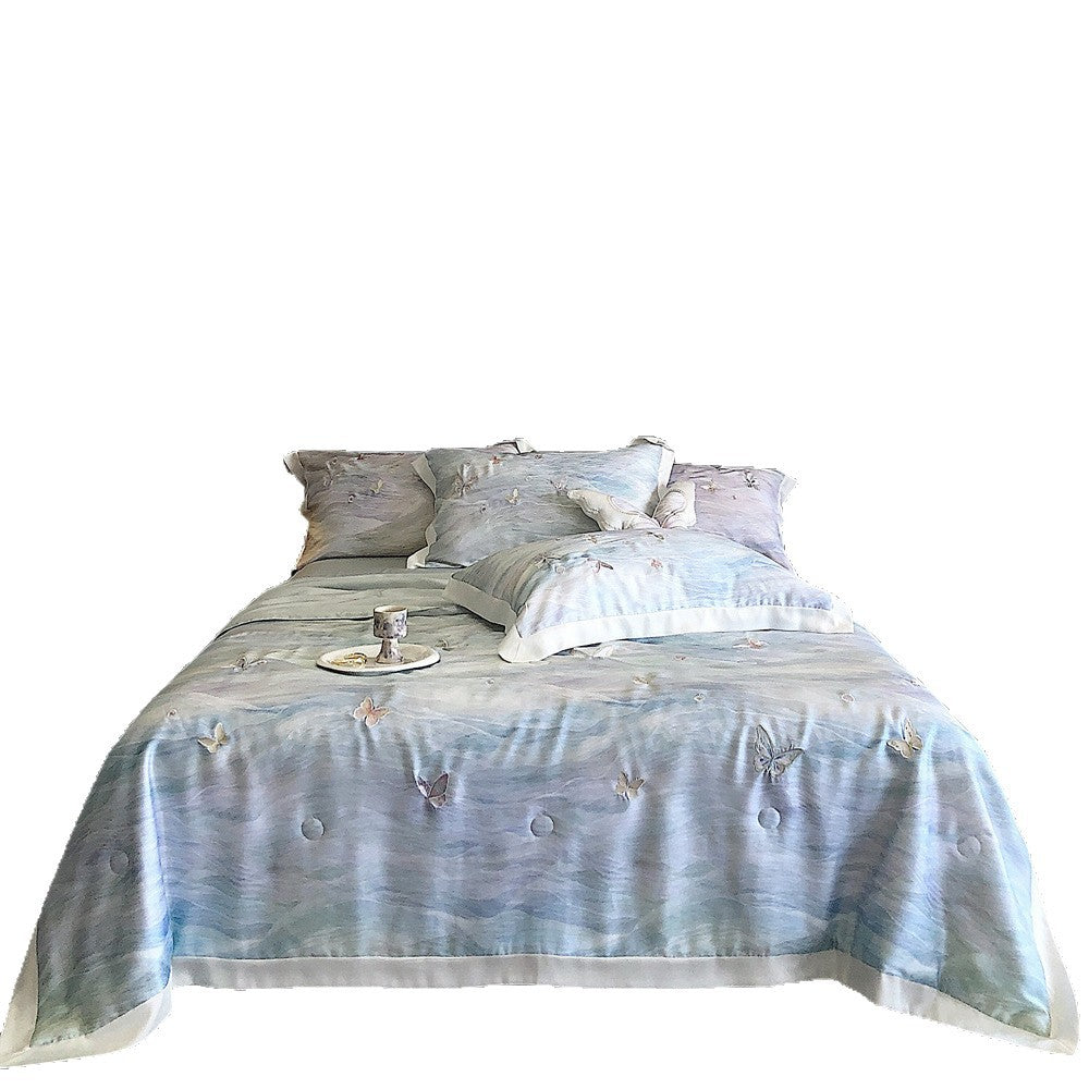 Luxuriöses Satin-Bettwäscheset mit Schmetterlings-Stickerei und Zierkissen