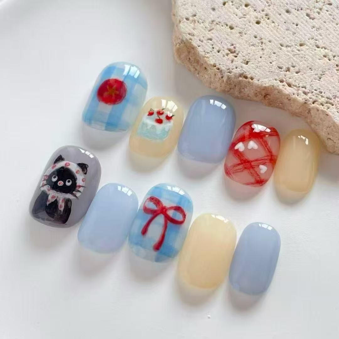 Künstlerisches katzenmotiviertes Press-On-Nagelkunstset Brehn