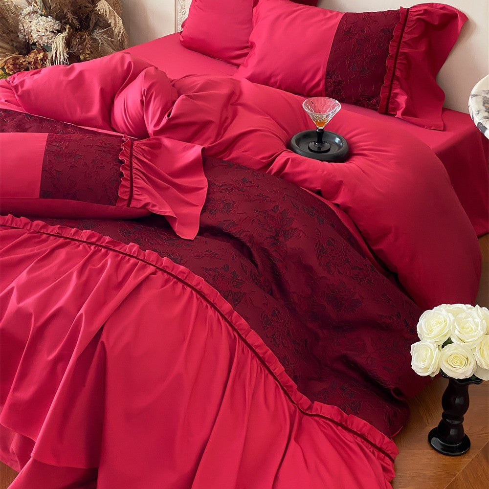 Luxuriöses Satin-Bettwäsche-Set mit Rüschen und Spitzenapplikation