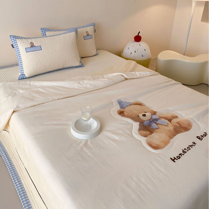 Kinderbettwäsche-Set mit gesticktem Teddybär und Vichy-Karo-Einfassung