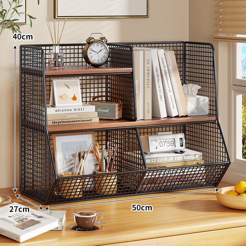 Doppel-Tier-Mesh-Metall-Schreibtisch-Organizer mit Holzregalen