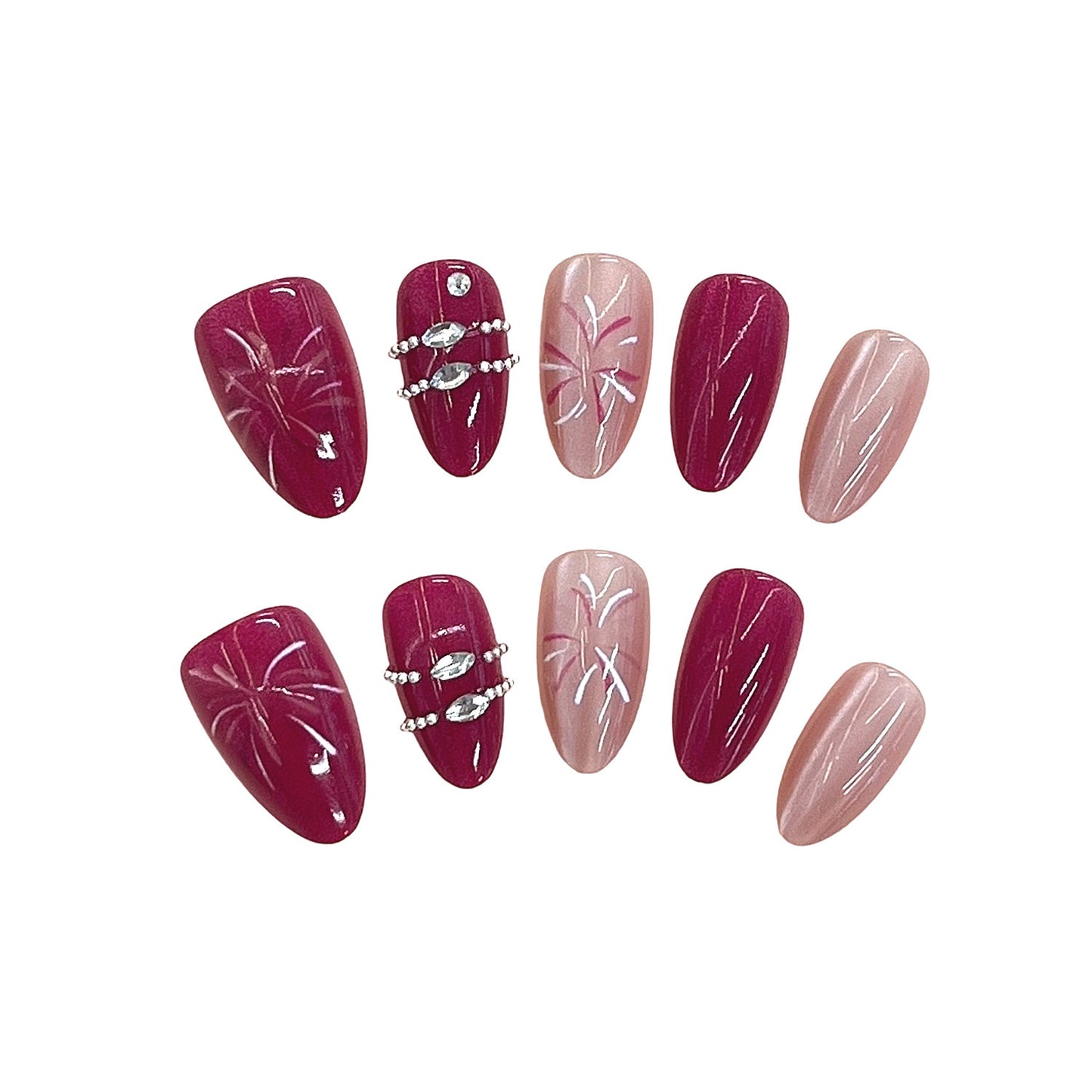Künstlerisches Press-On-Nagelset mit floralen Mustern und Edelsteinakzenten Brehn