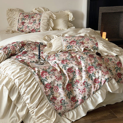 Viktorianisches Blumen-Bettwäsche-Set mit Volant und Rüschen