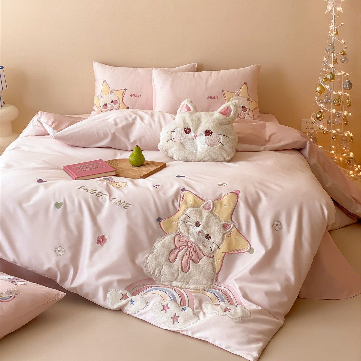 Plüschgesticktes Baumwollsatin Bettwäsche Set mit Katzenmotiv
