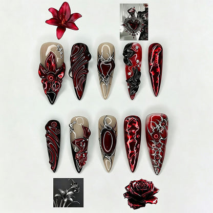 Kunstnagelset mit extravaganten roten und schwarzen Designs Brehn
