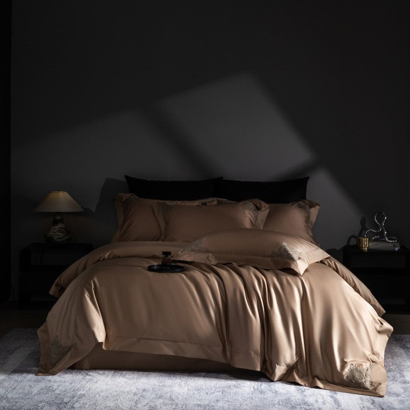 Luxus Sateen Bettbezug Set mit gestickten Eckenmotiven
