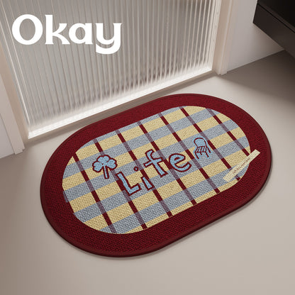 Decorative Oval Checkered Entrance Mat with Embroidered 'Life' Script and Non-Slip Backing