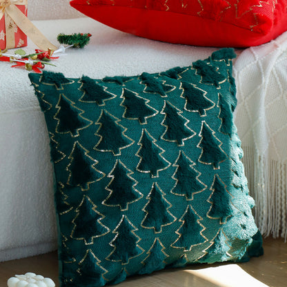 Rechteckiger dekorativer Kissenbezug mit tufted Tannenbaum‑Applikation, Kunstfell‑Haptik und Paillettenbesatz Brehn