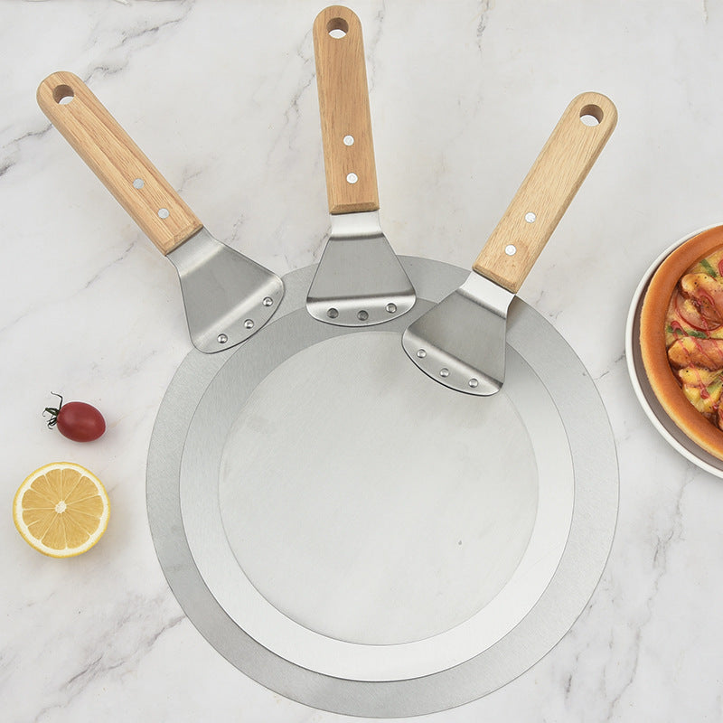 dünner runder Pizzaschieber aus Edelstahl mit Holzgriff Brehn