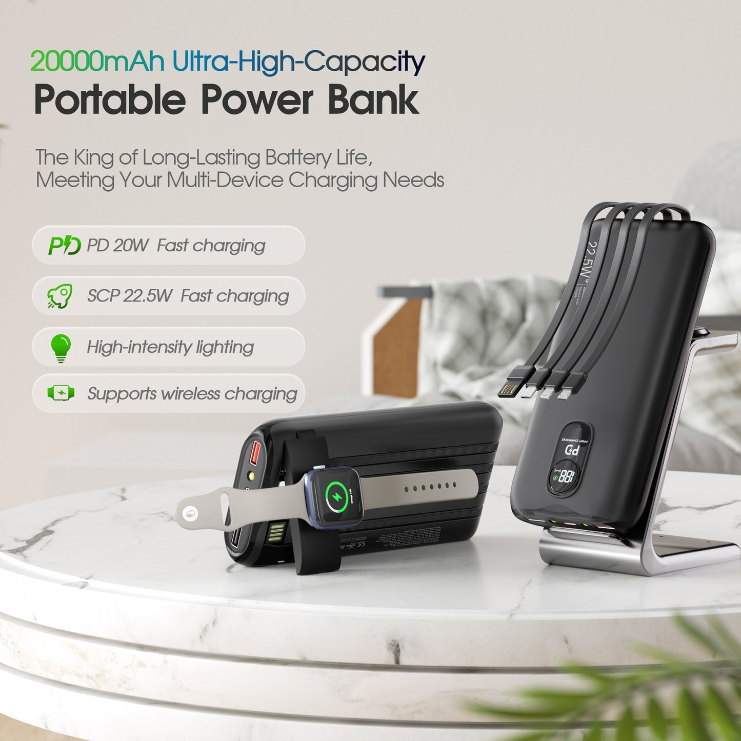 Powerbank mit Integrierten Ladekabeln und Lcd-Anzeige Brehn