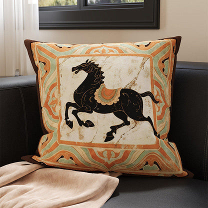 Embroidered Medallion Horse Velvet-Texture Decorative Throw Pillow Cover with Hidden Zipper