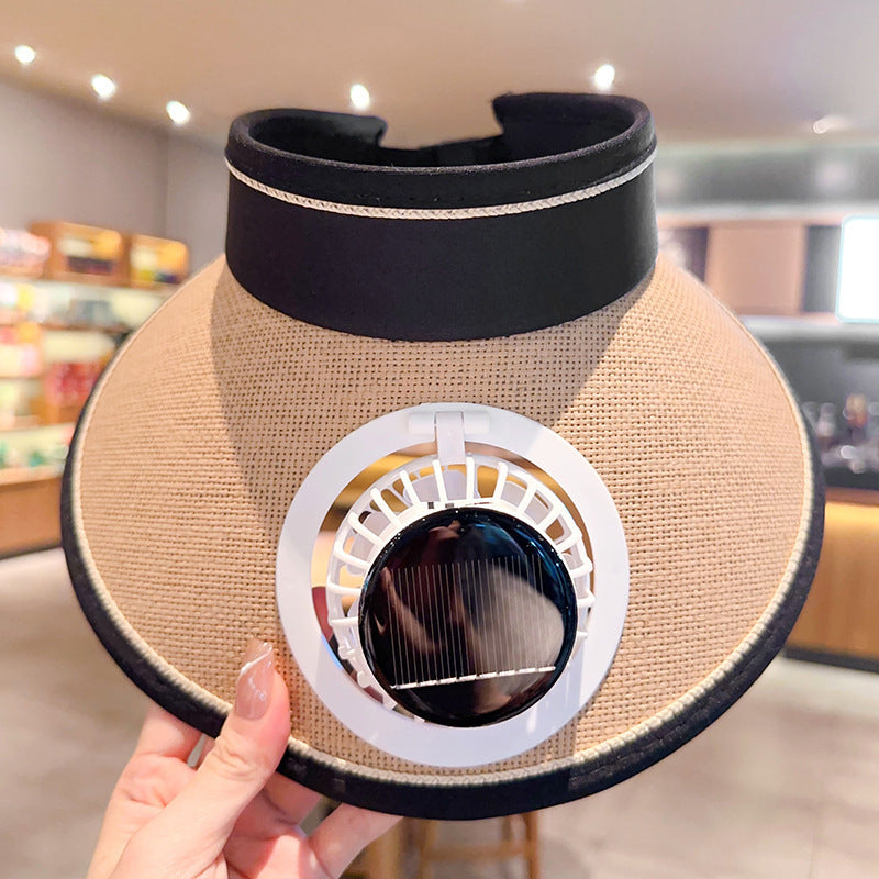 Atmungsaktiver Sonnenhut mit zwei integrierten Mini-Ventilatoren, breiter Krempe und verstellbarem Kinnriemen Brehn