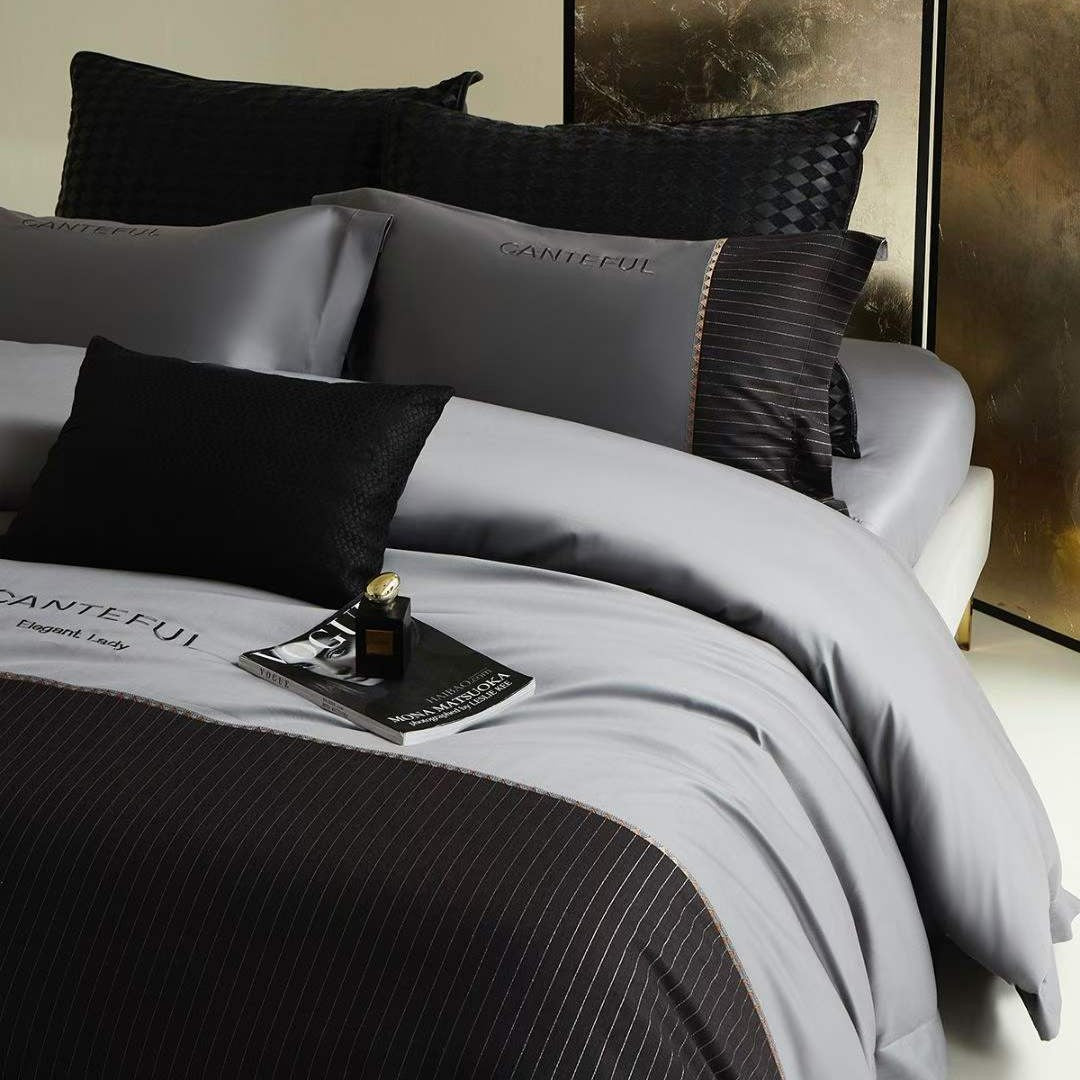 Luxuriöses Satin-Feel Wendebettbezug- und Kissenbezug-Ensemble mit Streifenbettdecke