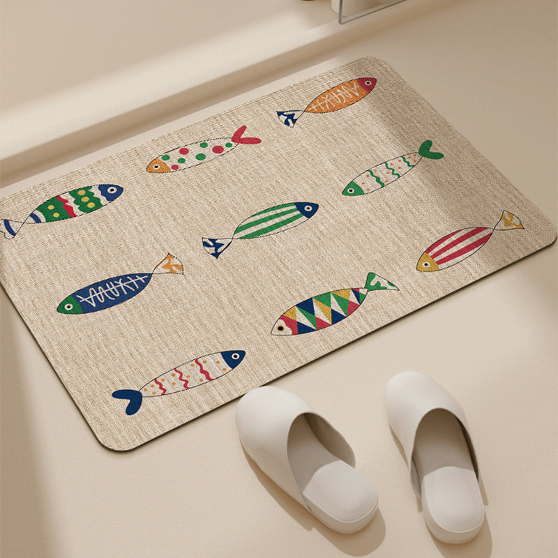 Absorbent Low-Profile Jute-Texture Fish Pattern Entrance & Bath Mat