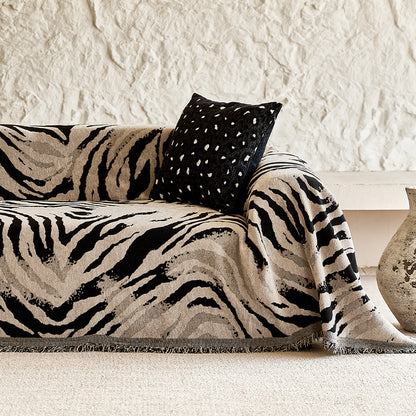 Fringed Tribal Jacquard Sofa Throw Blanket with Reversible Woven Cotton-Linen Blend