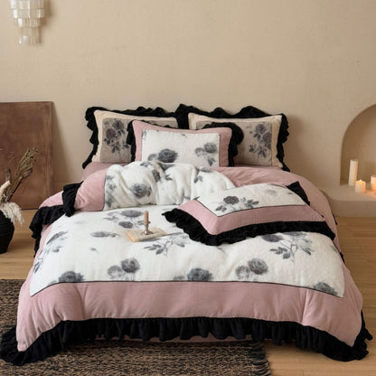 Bettgarnitur Aquarell-Blumenprint mit strukturierter Chenille-Front und kontrastierender Wellenkante