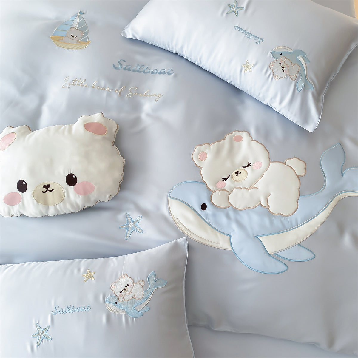 Kinder besticktes Baumwollsatin Bettbezug Set mit Plüschbären-Applikation & Wal-Motiv