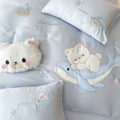 Kinder besticktes Baumwollsatin Bettbezug Set mit Plüschbären-Applikation & Wal-Motiv