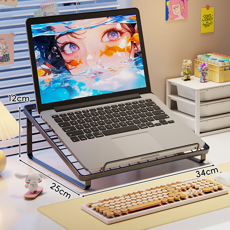 Ergonomischer geneigter Metall-Laptop-Ständer mit belüftetem Gitter und Frontstop.