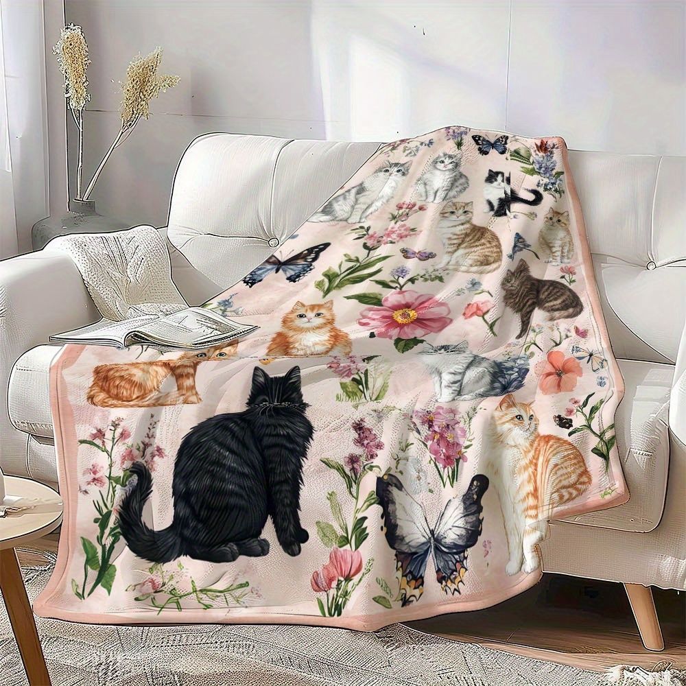 Floral Cat Print Fleece Decke