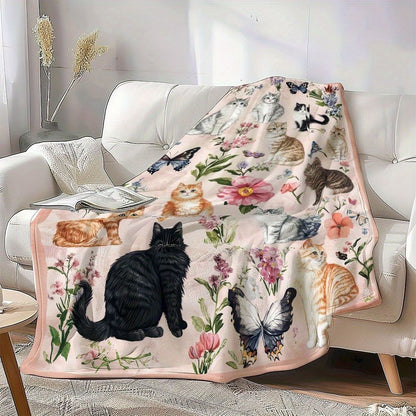 Floral Cat Print Fleece Decke