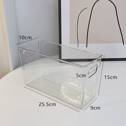 Flache transparente Aufbewahrungsbox mit integrierten Griffen und rutschfestem Boden