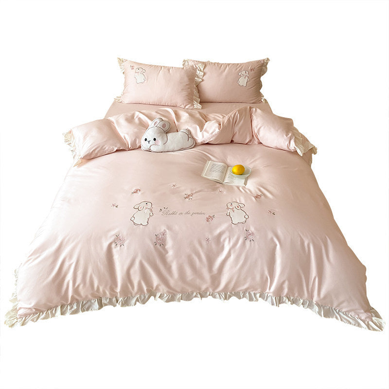 Besticktes Baumwoll-Satin Rüschenset mit Hasenmotiv