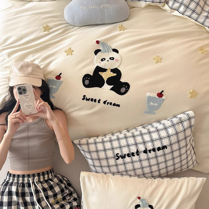 Bestickte Baumwollsatin Bettbezug Set mit Applikation Hasen und Punkte Kissenbezüge