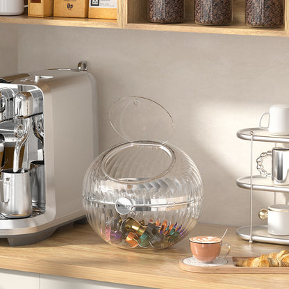 Kugelförmiger Kaffeekapselspender aus klarem Acryl mit Klappdeckel