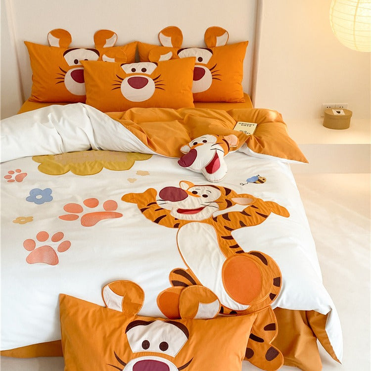 Kinder-Bettwäsche-Set mit dreidimensionaler Tiger-Applikation und Ohren-Kissen