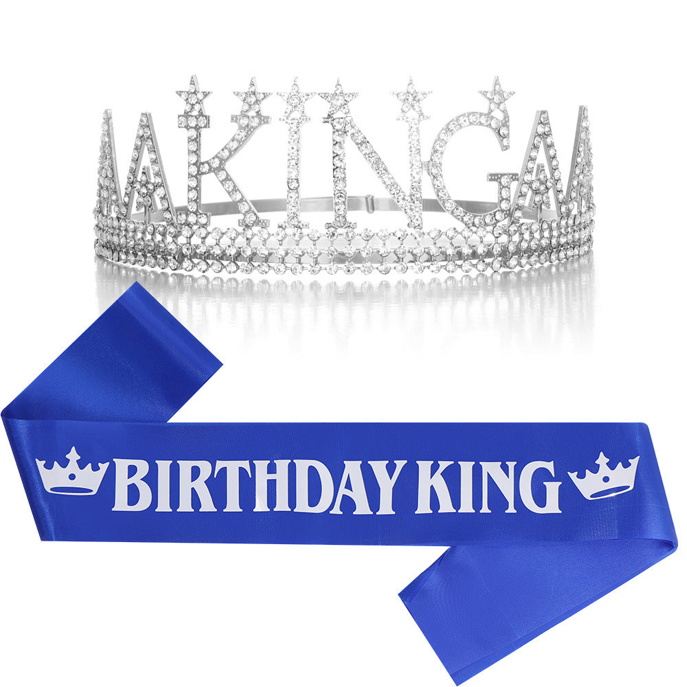 Damen Glitzernde Geburtstagskrone mit einem regalem "Birthday King"-Schärpen-Set Brehn