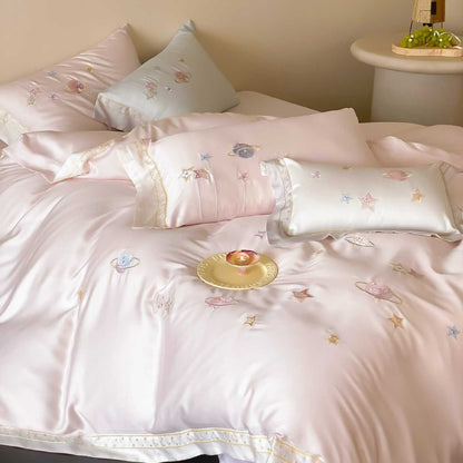 Satin-Bettwäsche-Set mit gesticktem Galaxie-Motiv und seidig-glattem Finish