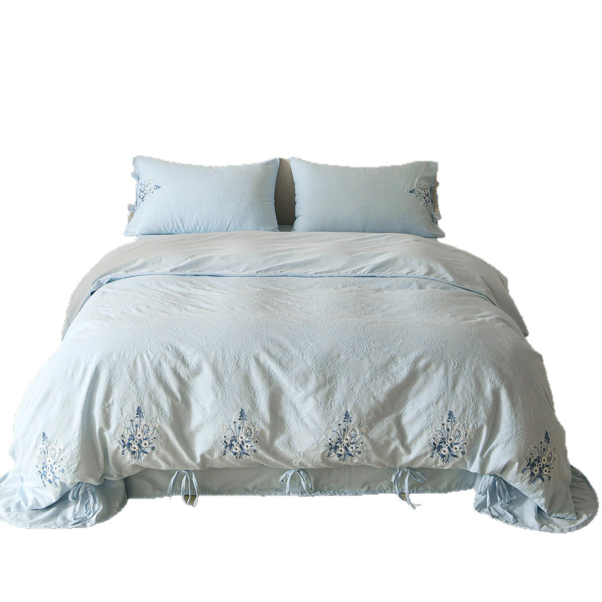 Leichtes Jacquard-Baumwoll-Bettbezug-Set mit handgestickten Blumenzweigen, Bindeschlaufen und Oxford-Kissenbezügen