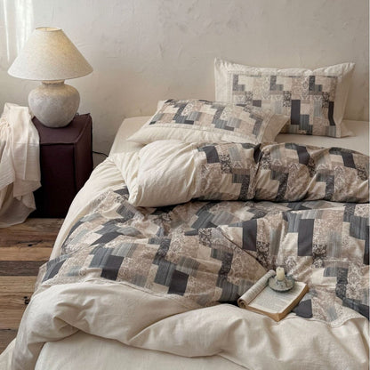 Moderne Patchwork-Bettwäschegarnitur in Leinenoptik mit Wende-Design
