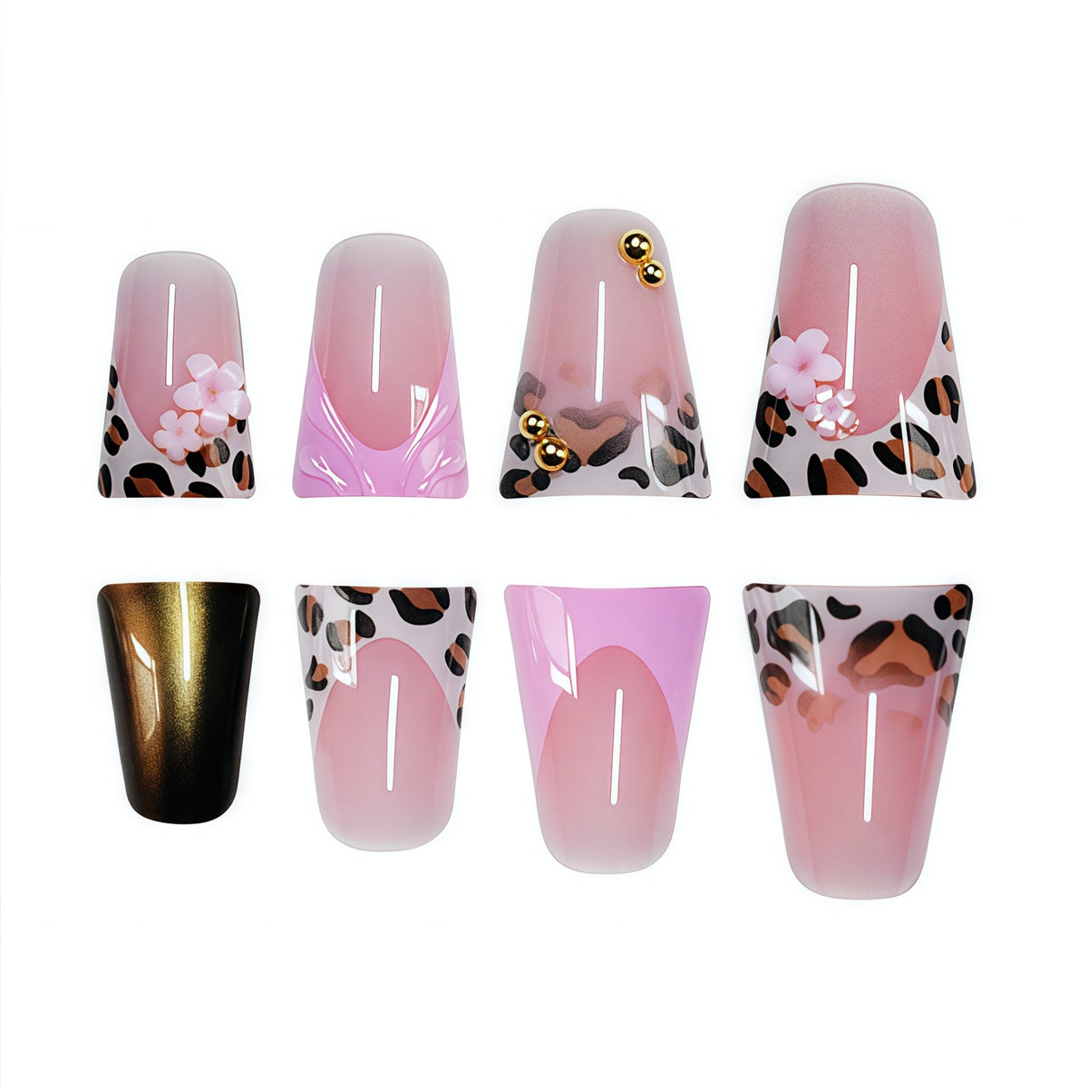 Dekorative Press-On Nagelkunst mit floralen und Leopardenakzenten Brehn