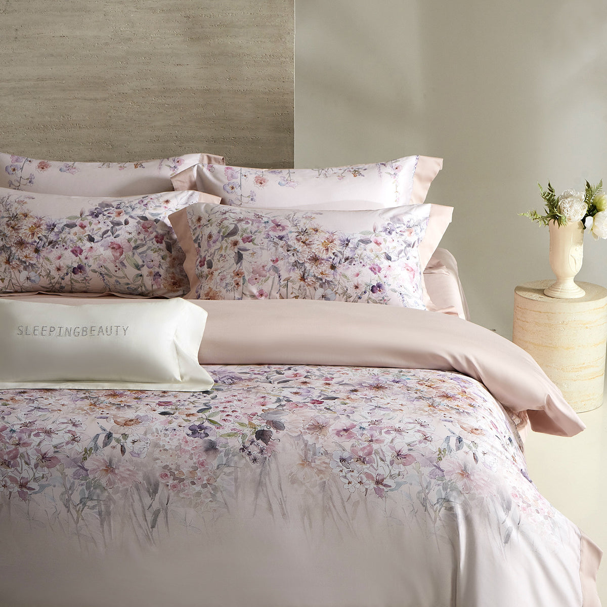 Blumen-Aquarell Baumwollsatin Bettbezug Set mit verstecktem Reißverschluss & bestickten Kissenbezügen