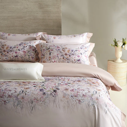 Blumen-Aquarell Baumwollsatin Bettbezug Set mit verstecktem Reißverschluss & bestickten Kissenbezügen