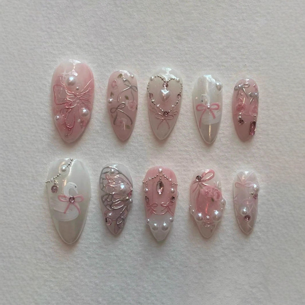 Dekorative 3D Schleife und Perle Press-On Nagelkunst Brehn