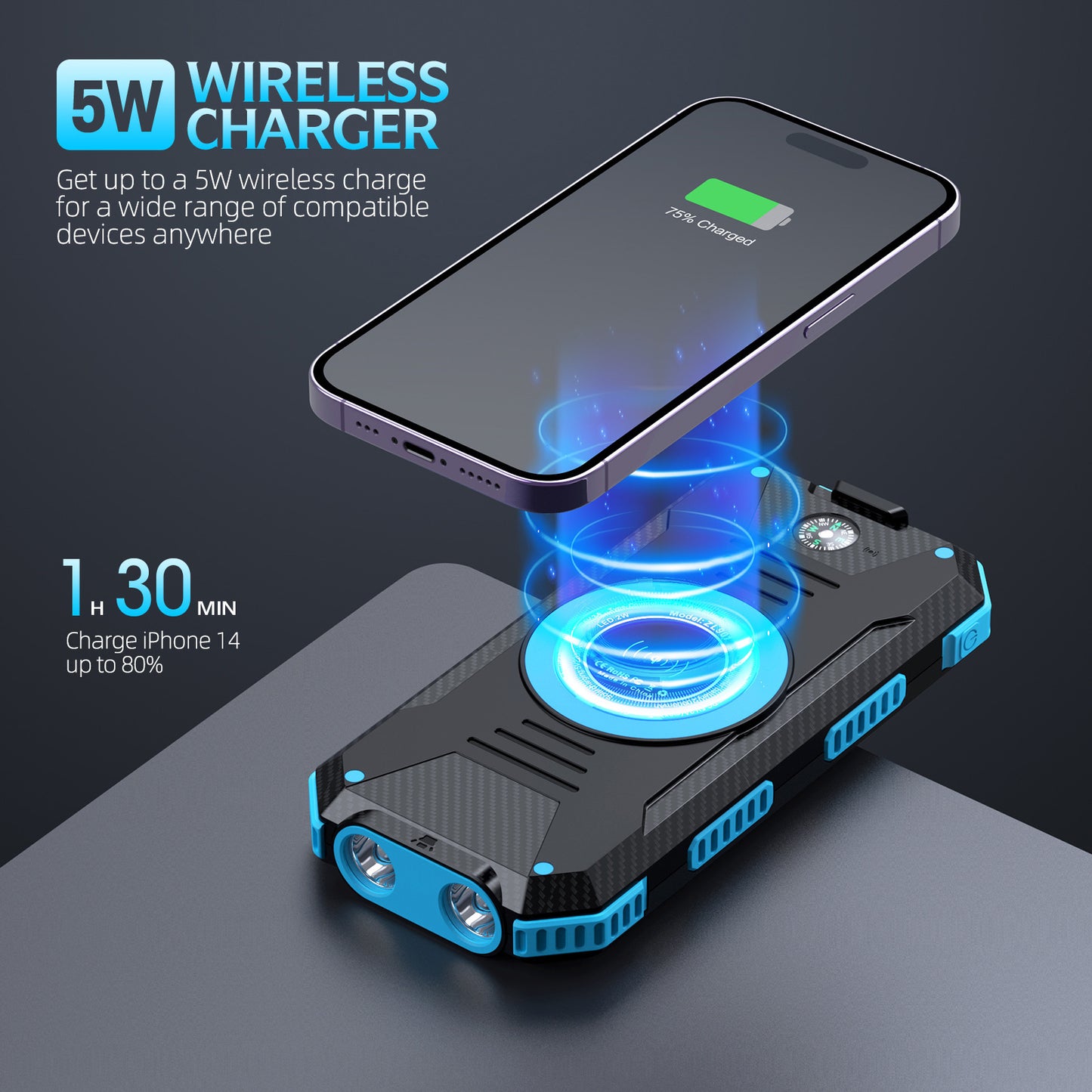 Solarbetriebene Powerbank mit Integriertem Kompass und LED-Beleuchtung Brehn