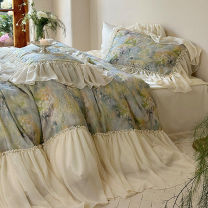 Luxuriöses Steppbett-Set mit Aquarell-Blumenmuster, Rüschen-Volant und Kissenbezügen